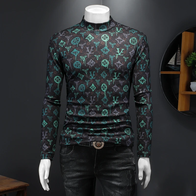 佩托本那秋季时尚长袖t恤男士潮流字母印花半高领内搭修身打底衫