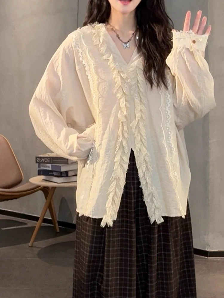 洋气开叉显瘦v领衬衫女2025秋季新款休闲简约通勤百搭高级感上衣