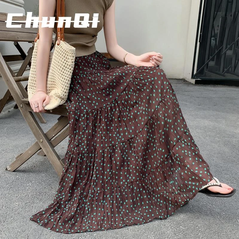 淳启碎花蛋糕半身裙女夏季新款褶皱飘逸长裙高腰大裙摆A字雪纺裙