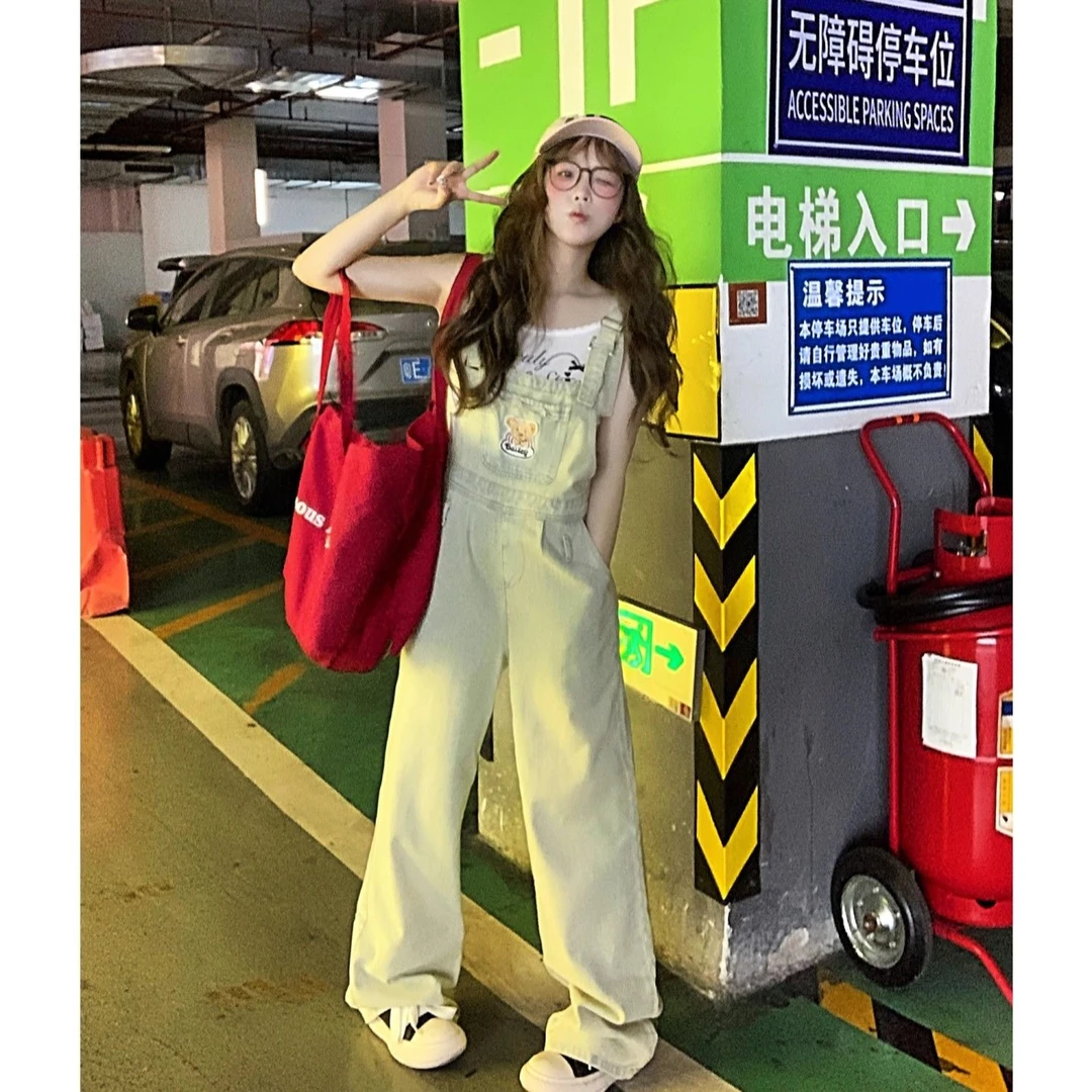 原创复古小熊牛仔背带裤女韩系宽松2025新款夏阔腿裤