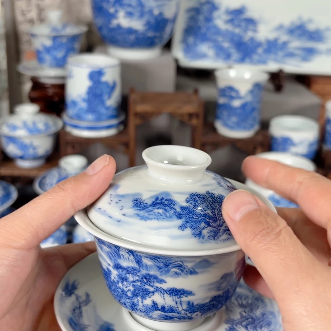 杨***光青花瓷器手绘作品陶瓷盖碗