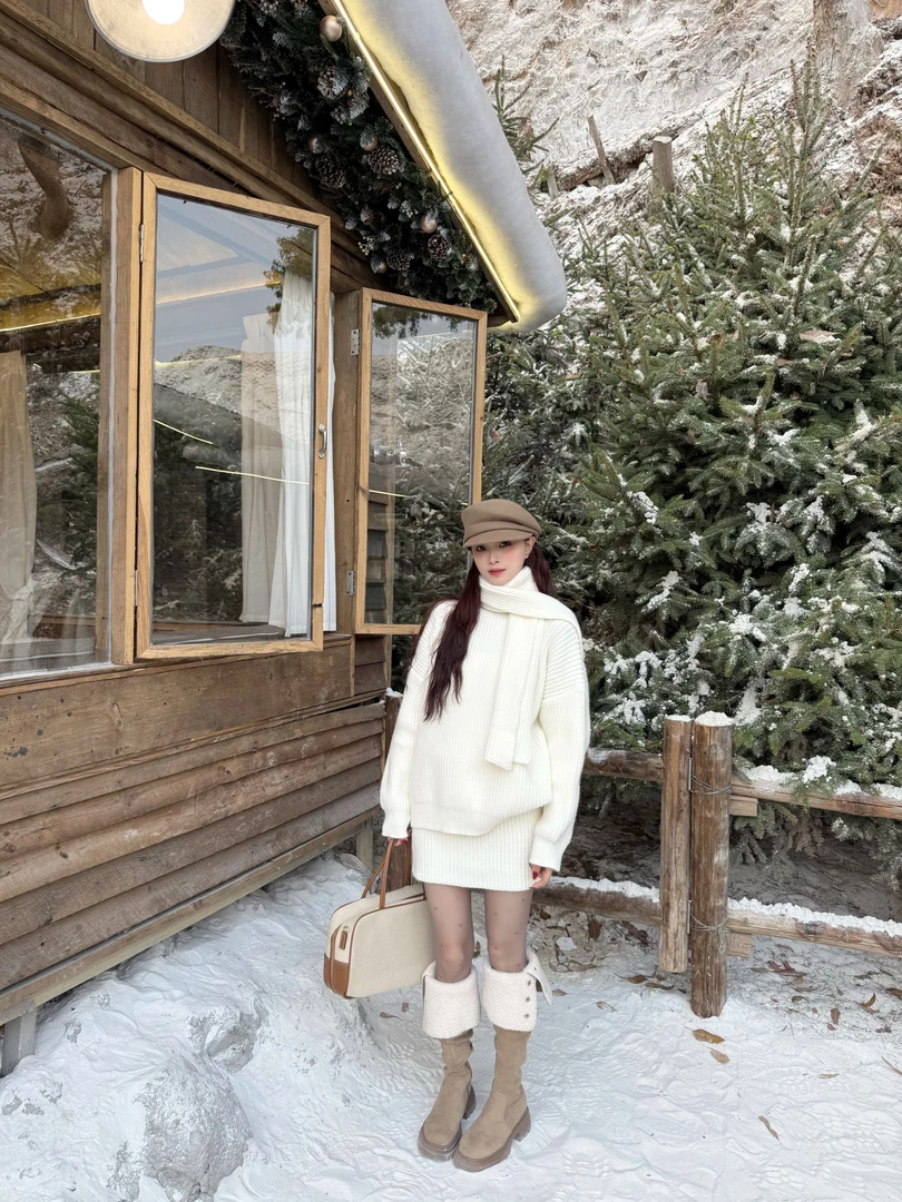 WANONEONE 加厚慵懒风毛衣套装针织上衣女高腰半身裙配围巾三件套