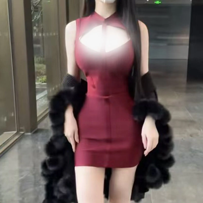 【薄荷雪糕】气质性感纯欲风红色镂空连衣裙女秋冬收腰显瘦包臀短裙