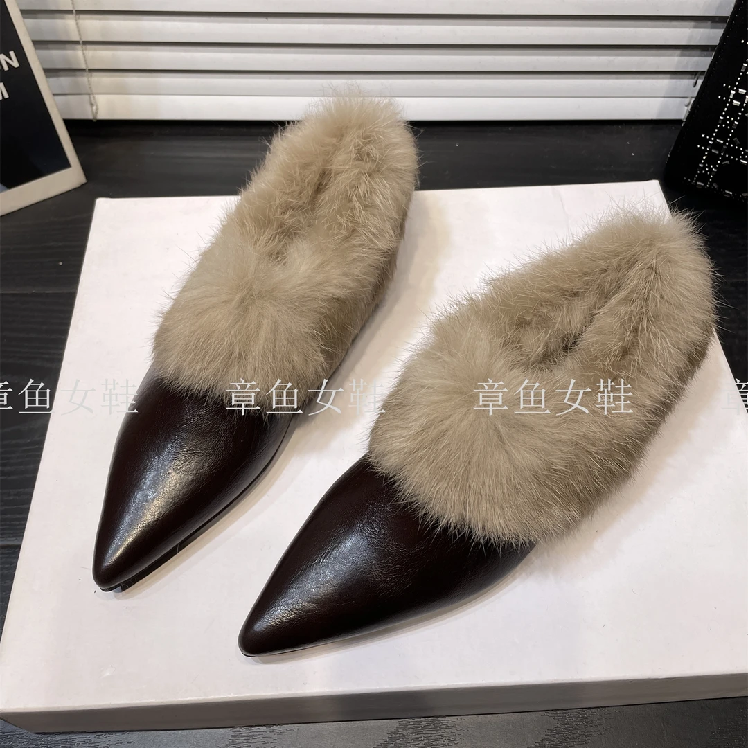 法式尖头加绒毛毛鞋女保暖棉鞋一脚蹬玛丽珍鞋复古平底深口单鞋