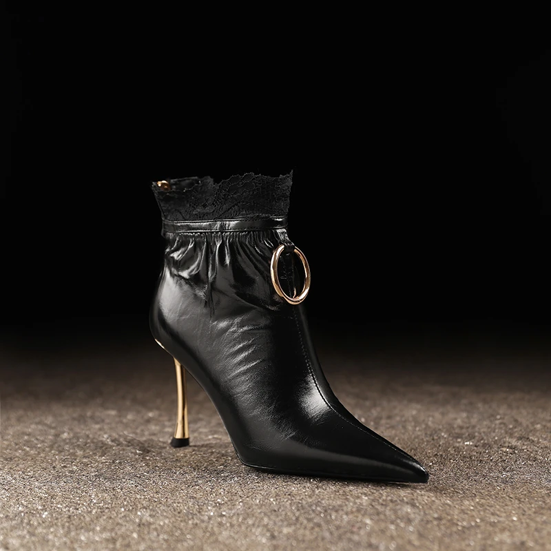 御姐风蕾丝短靴真皮性感细跟女鞋冬季新款加绒尖头高跟鞋不累脚