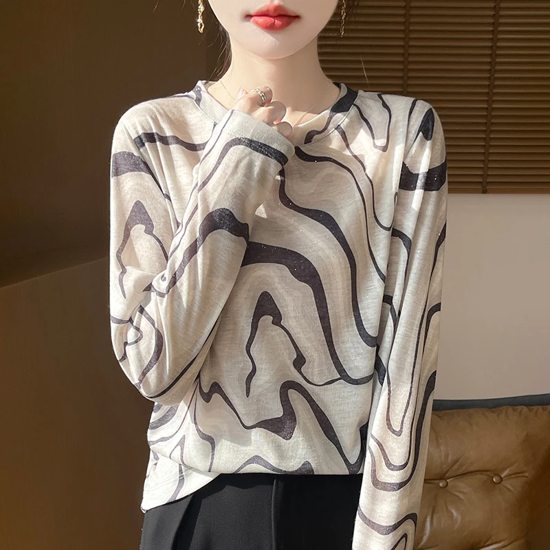 薄款莱赛尔天丝撒银印花圆领长袖打底衫时尚设计感气质上衣内搭