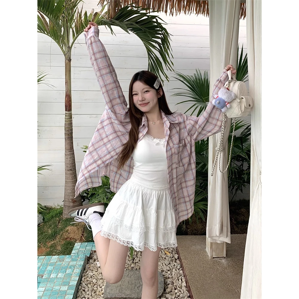 宽松韩版设计感慵懒风显痩防晒条纹格子女长袖上衣夏装衬衫