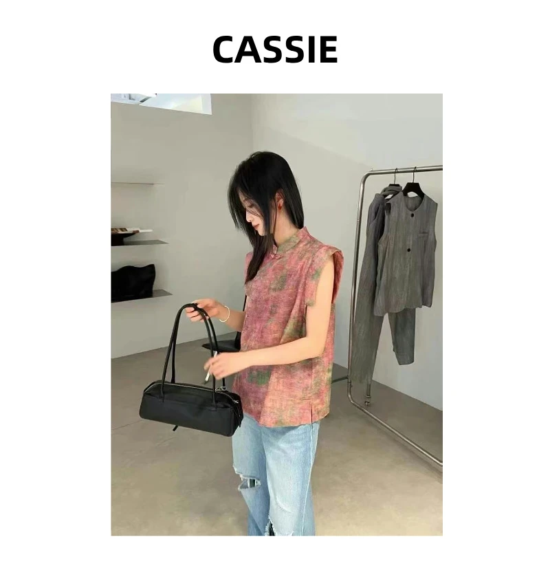 CASSIE定制印花盘扣修身夏季薄款成人立领上衣时尚国风新中式女装