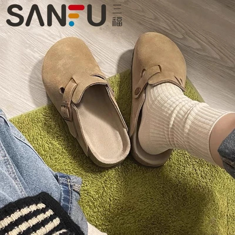 三福勃肯鞋女2025年夏季新款外穿百搭厚底博肯包头半拖鞋懒人女鞋
