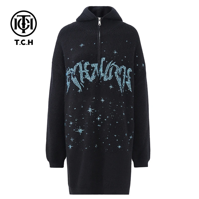年终大促-TCH私服烫钻工艺潮牌英文黑色连帽毛针织衫T72C09E5072