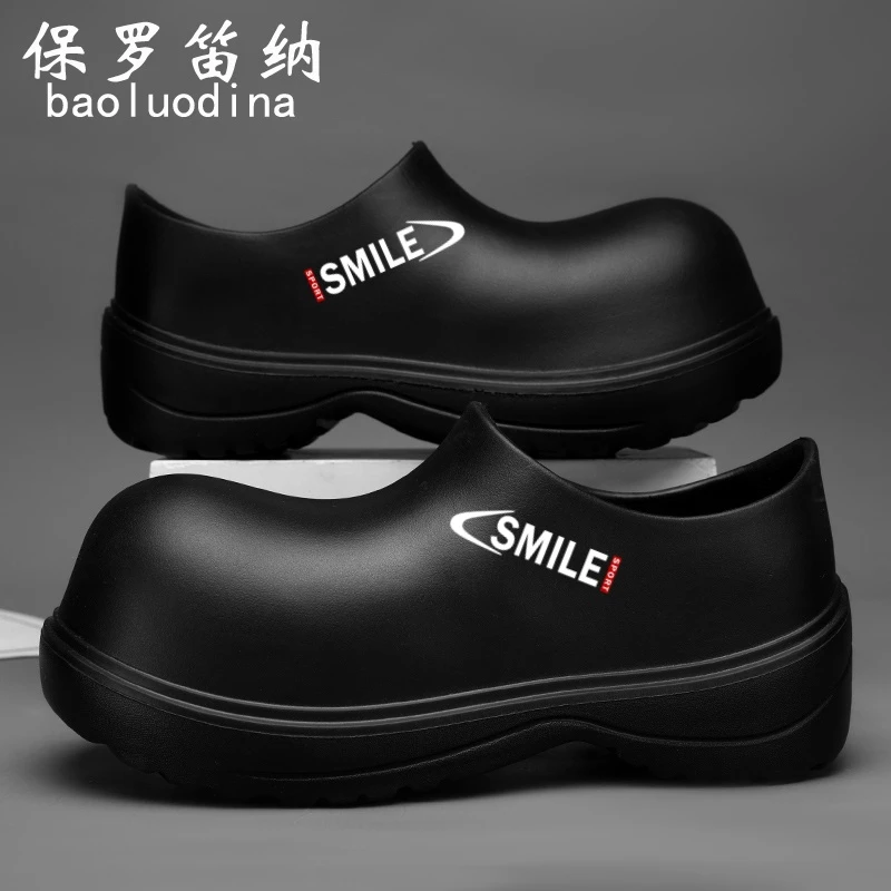 保罗笛纳厨师男鞋夏季厨房一脚蹬防水防滑防油黑色劳保大头工作鞋