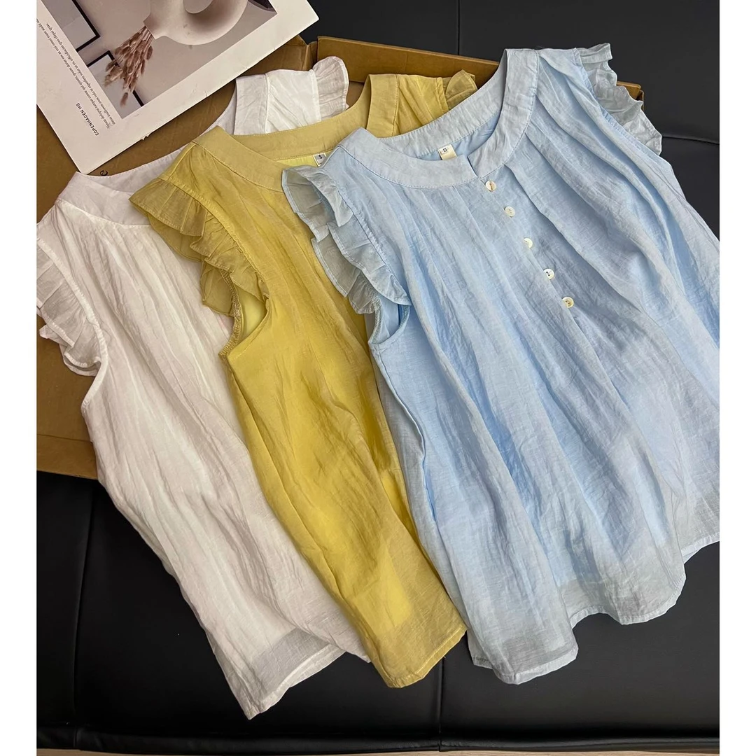 J26法式荷叶边小飞袖衬衣女宽松显瘦百搭雪纺娃娃衫上衣减龄小衫