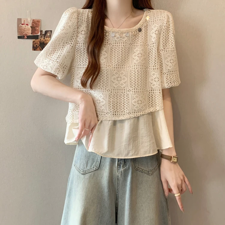 大码女装遮肚子小香风镂空假两件衬衫女夏季胖mm宽松显瘦蕾丝上衣