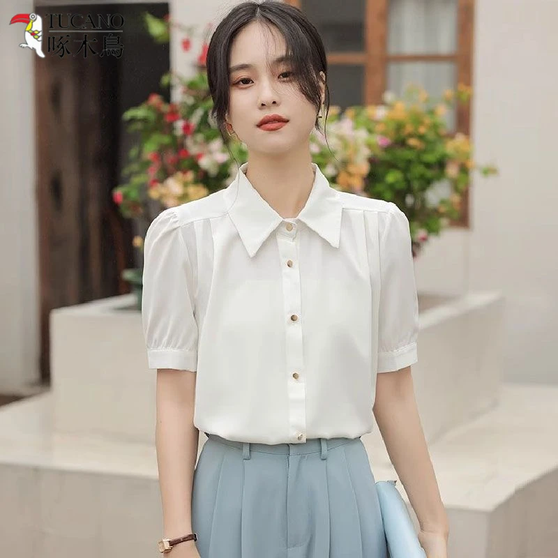 TUCANO/啄木鳥夏季新款白衬衫气质法式短袖通勤正装衬衣正肩上衣