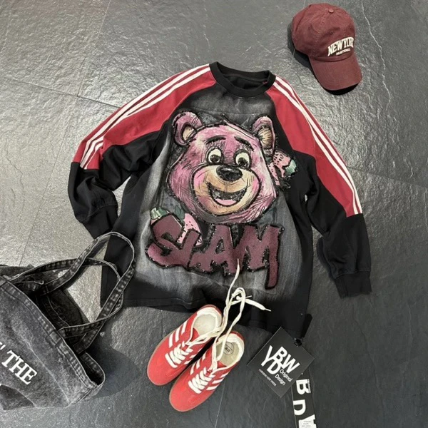 YBDW2025春季新款宽松大版重工拼色长袖卫衣T恤