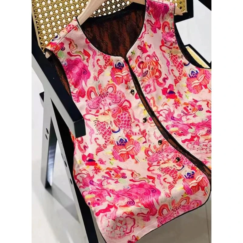 莲鲤--新中式国风气质时尚百搭夏季复古碎花无袖休闲宽松双面马甲