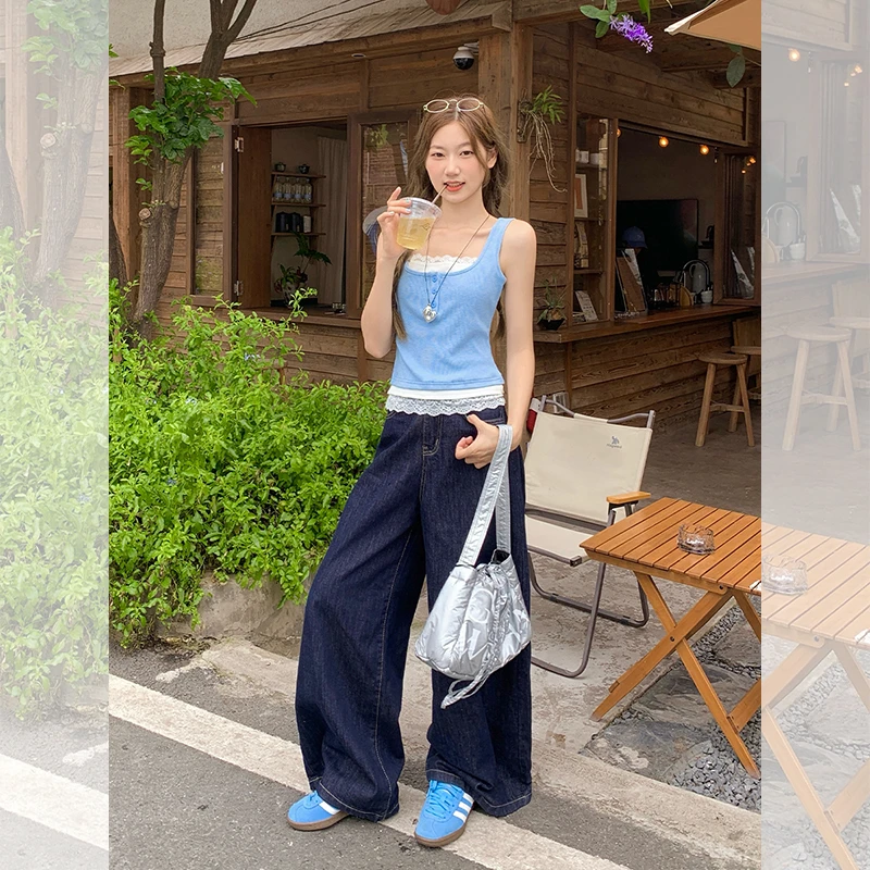 百搭蕾丝拼接假两件吊带背心女夏季新款修身设计感无袖上衣