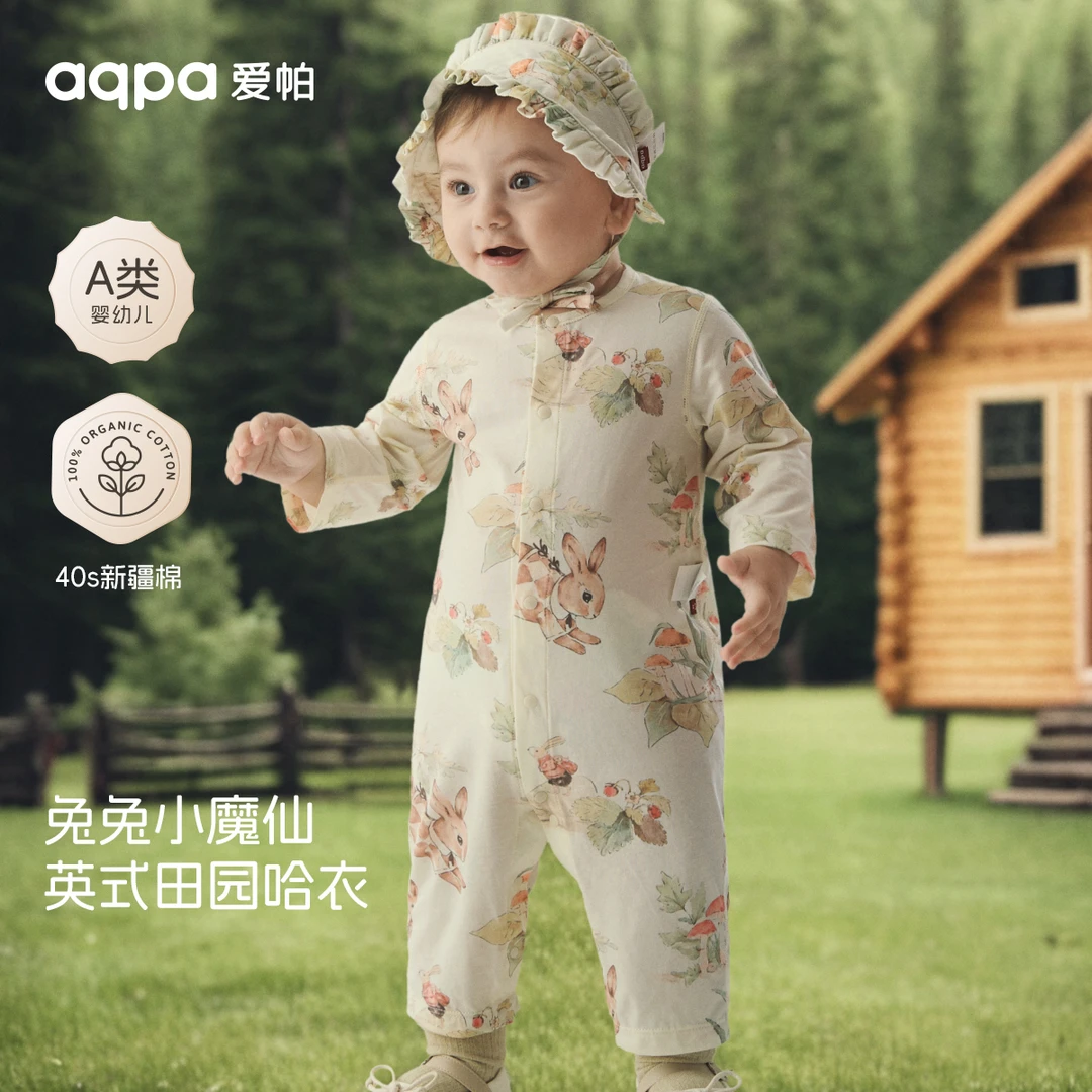 【兔兔小魔仙】aqpa春夏（单面布）纯棉长袖前开连体衣婴儿爬服