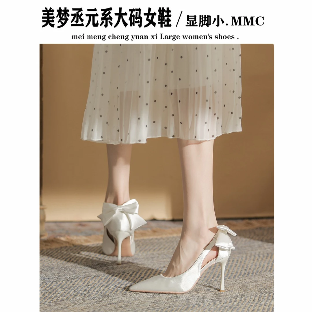 法式高跟鞋女细跟款气质白色单鞋小众蝴蝶结婚鞋淑女鞋大码女鞋41