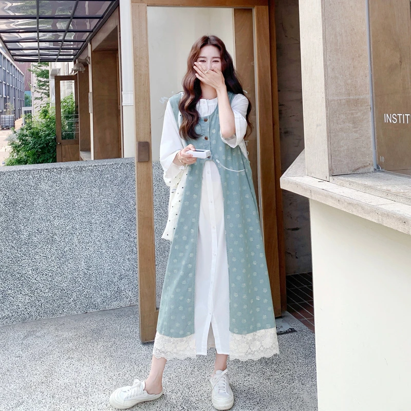 蕾丝拼接牛仔罩衫衬衫裙套装2025女夏新款甜美风减龄氛围感两件套