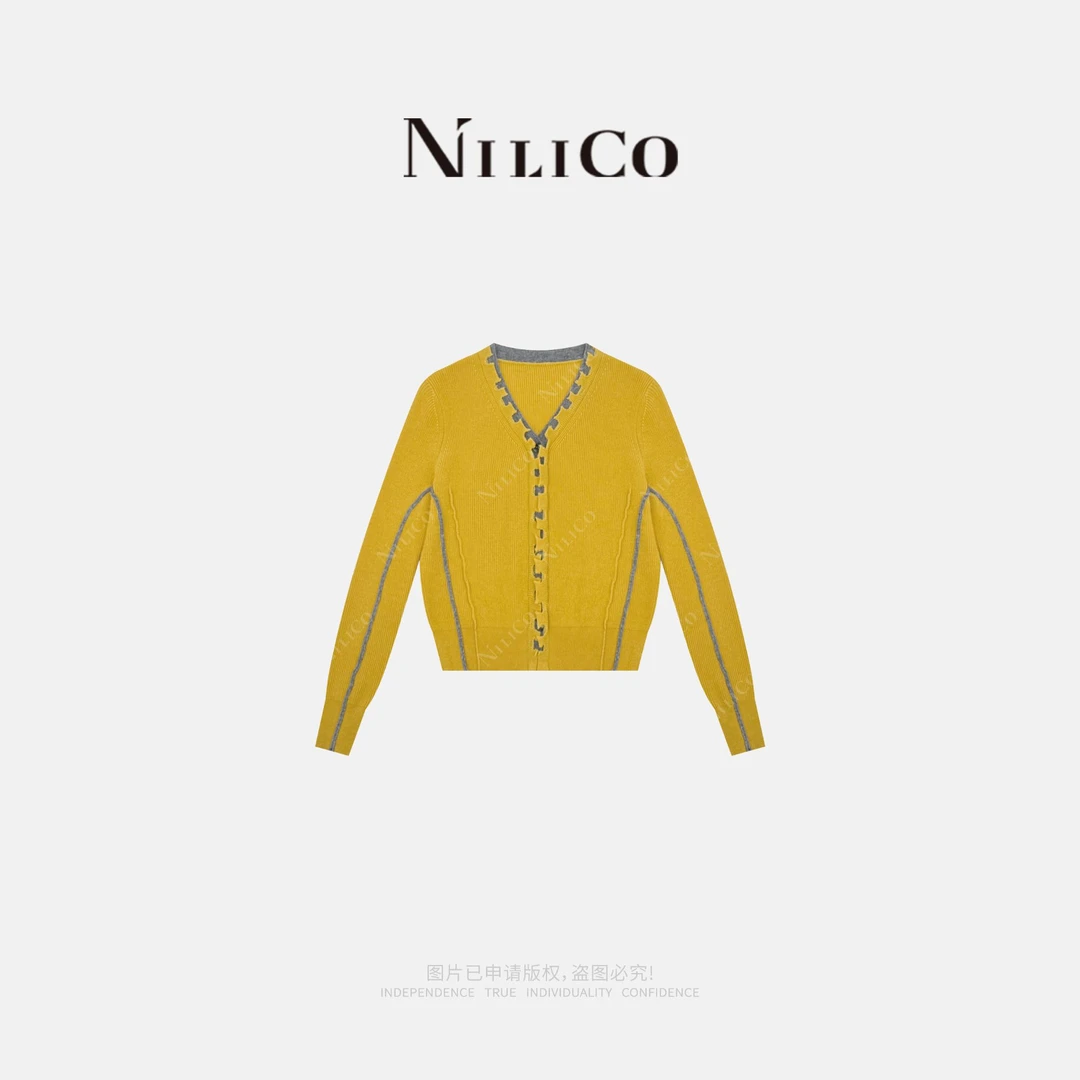NILICO【丰收】V领重工拼色设计澳洲羊毛混纺毛针织开衫外套