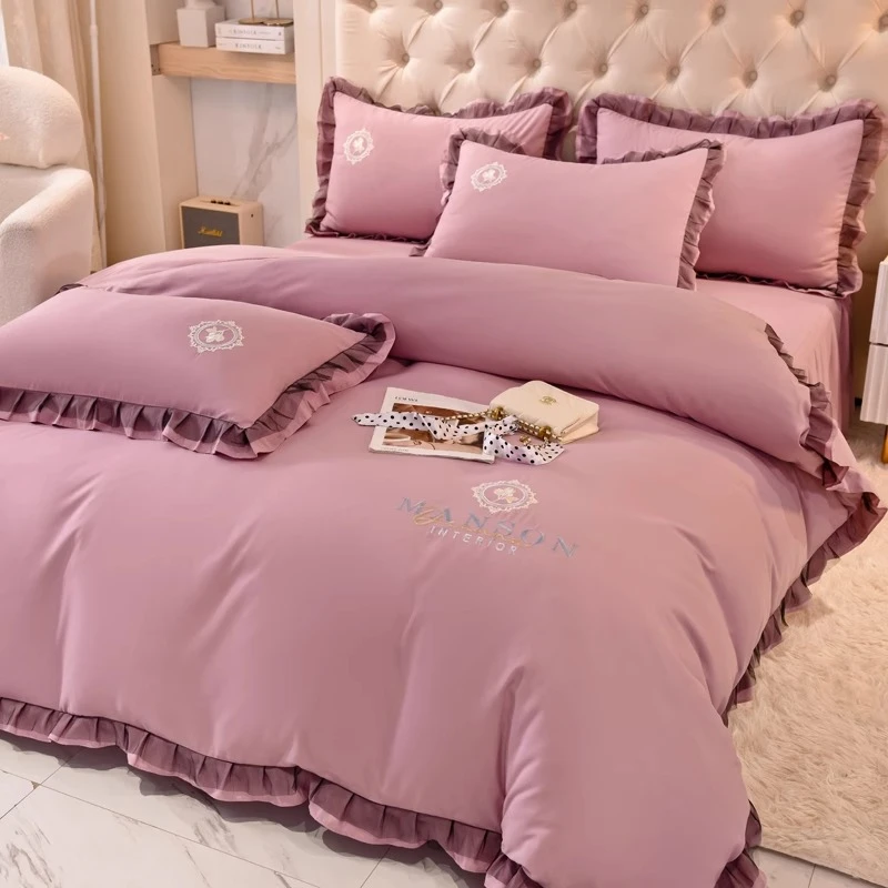 路约威格韩式轻奢全棉裸睡床裙四件套纯棉刺绣少女心柔软亲肤床单