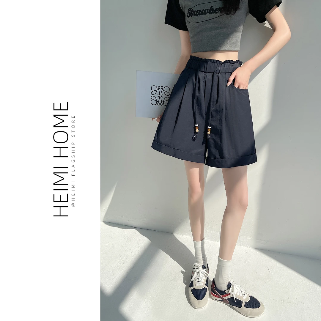 韩系藏青色卷边短裤女夏季款松紧高腰a字休闲裤小个子五分阔腿裤