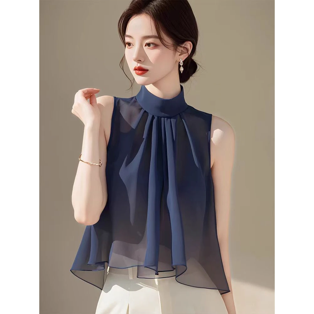 法式无袖挂脖藏青衬衫女夏季新款超仙仙气飘飘遮肚子修身显瘦上衣