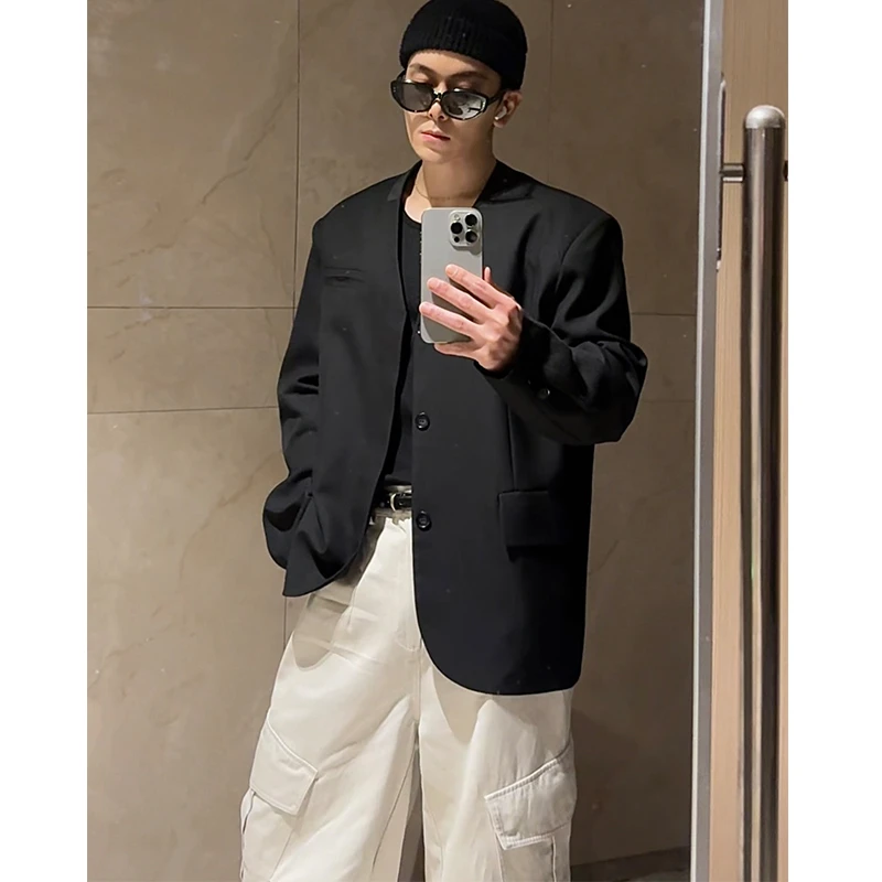 MBH|SUIT无领休闲风垫肩显瘦百搭男女高级黑色西装男外套西服