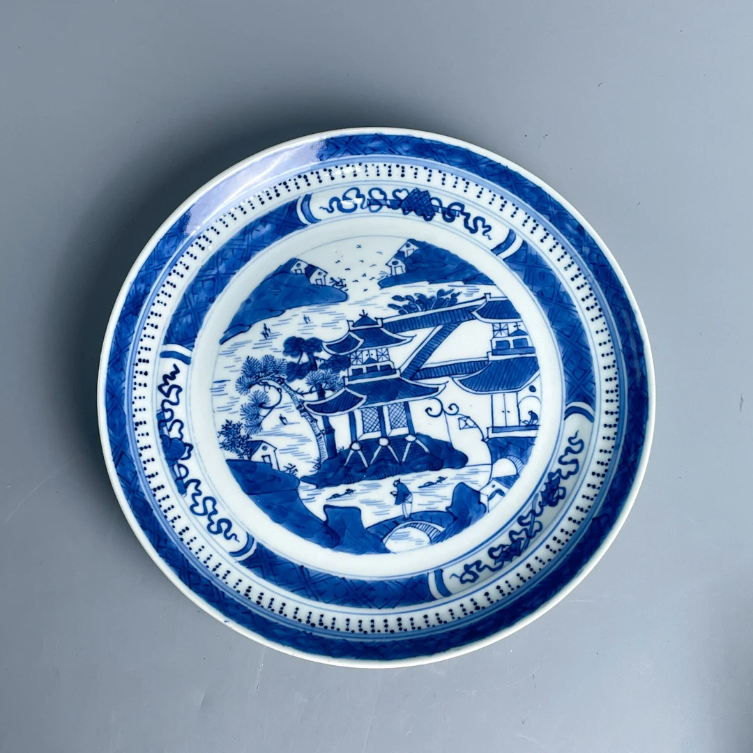 青花瓷/古董清中期亭阁山水盘M25BM001C89古玩/收藏/文物/绣花张