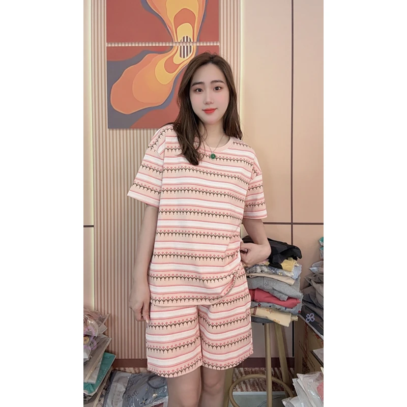 胸垫版睡衣女夏季纯棉短袖短裤甜美可外穿家居服套装（花朵条纹）