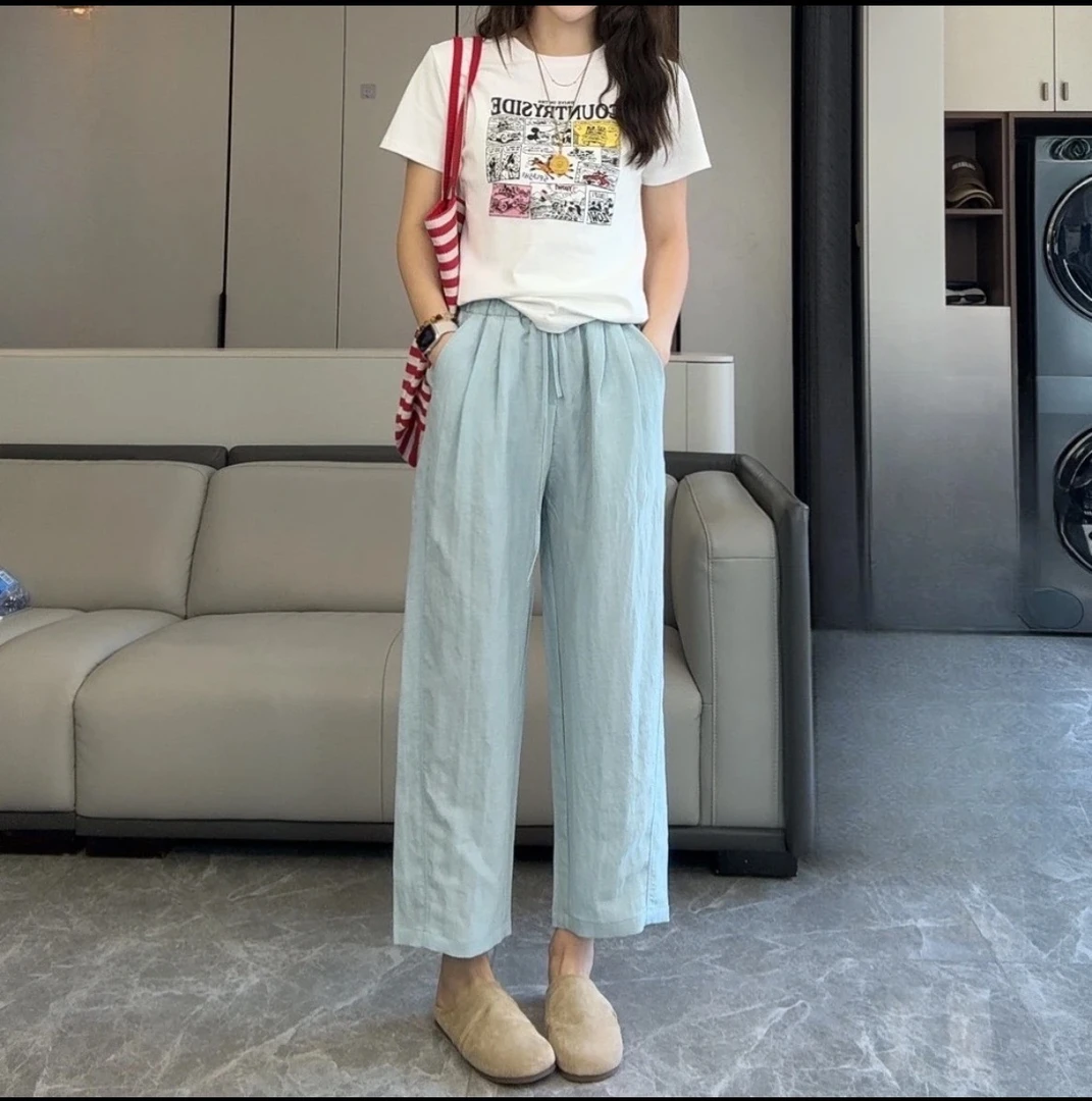 【现货+运费险】小个子来赛尔亚麻九分夏季宽松直筒休闲阔腿裤