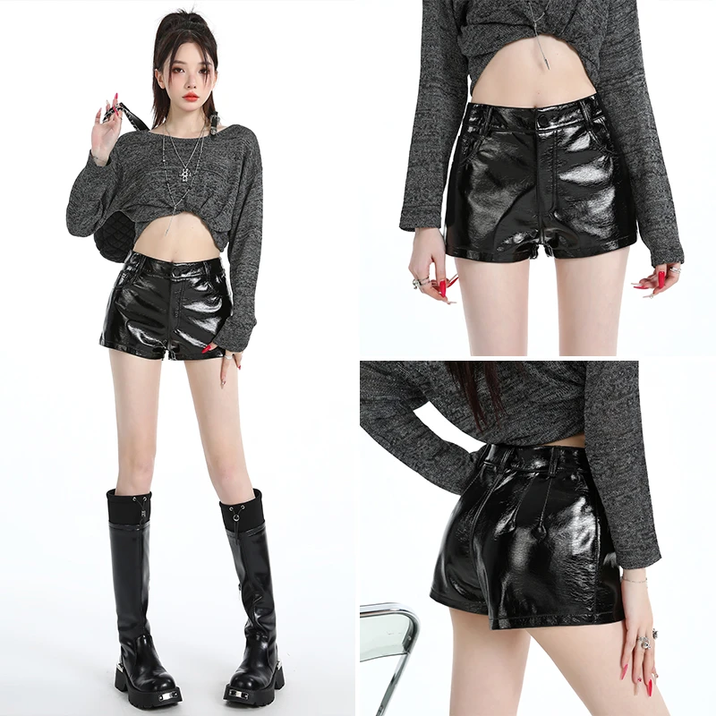 2025秋冬新款高腰显瘦包臀短裤黑色A字PU皮裤小个子热裤外穿女装
