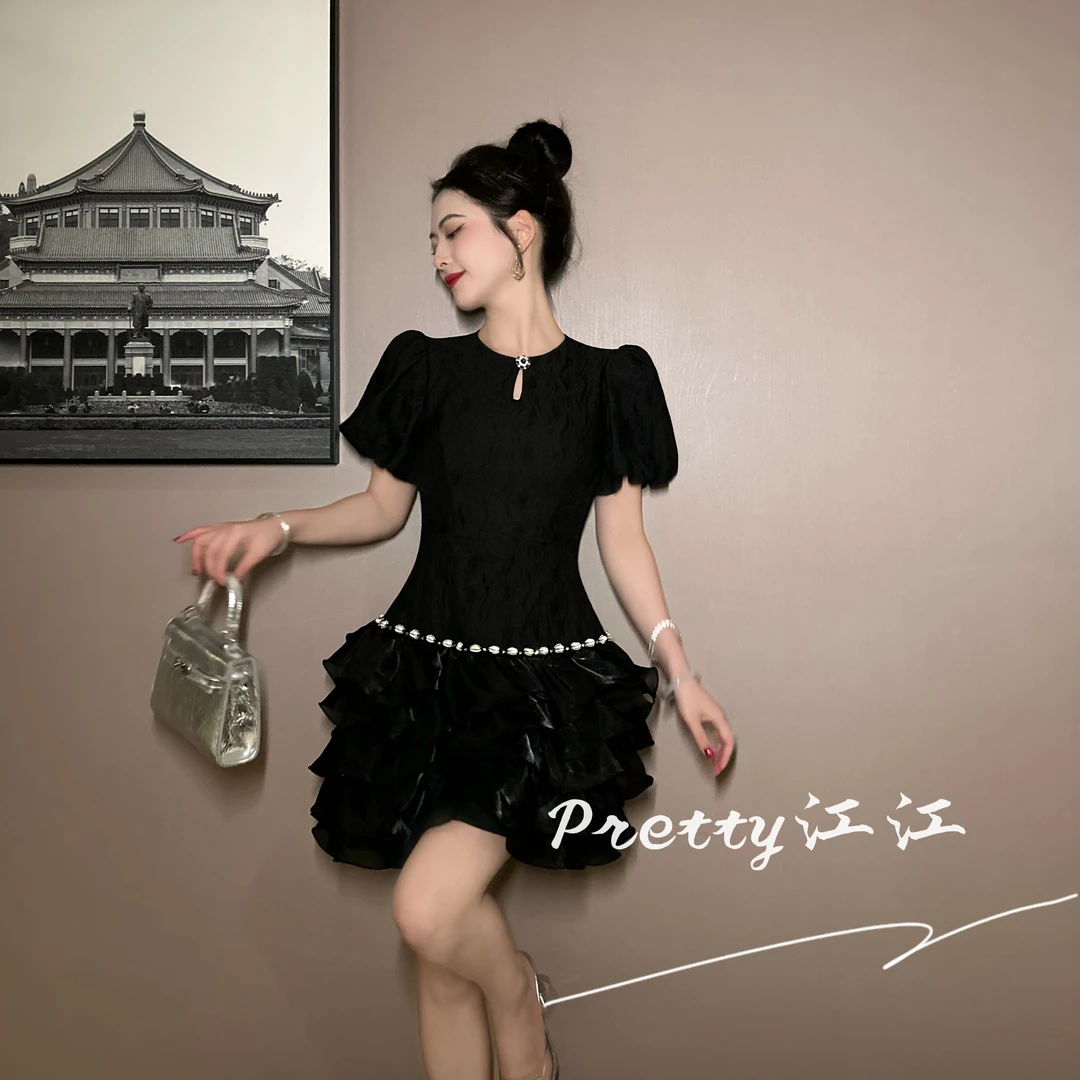 Pretty小众设计师品牌江江定制 夏季赫本风法式气质小黑裙95002