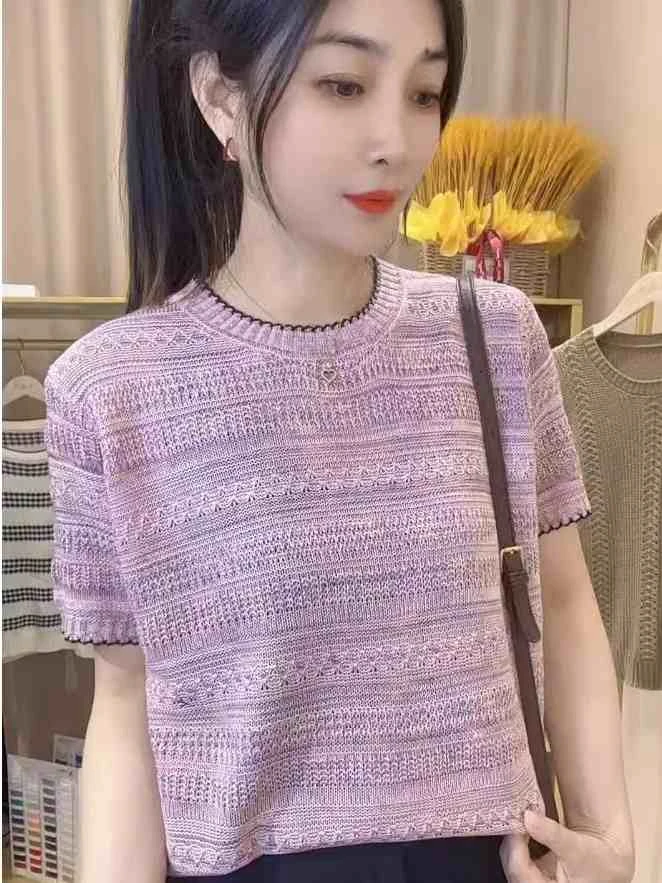 2025夏季新款时尚圆领短袖针织衫女宽松显瘦百搭洋气钩花上衣T恤
