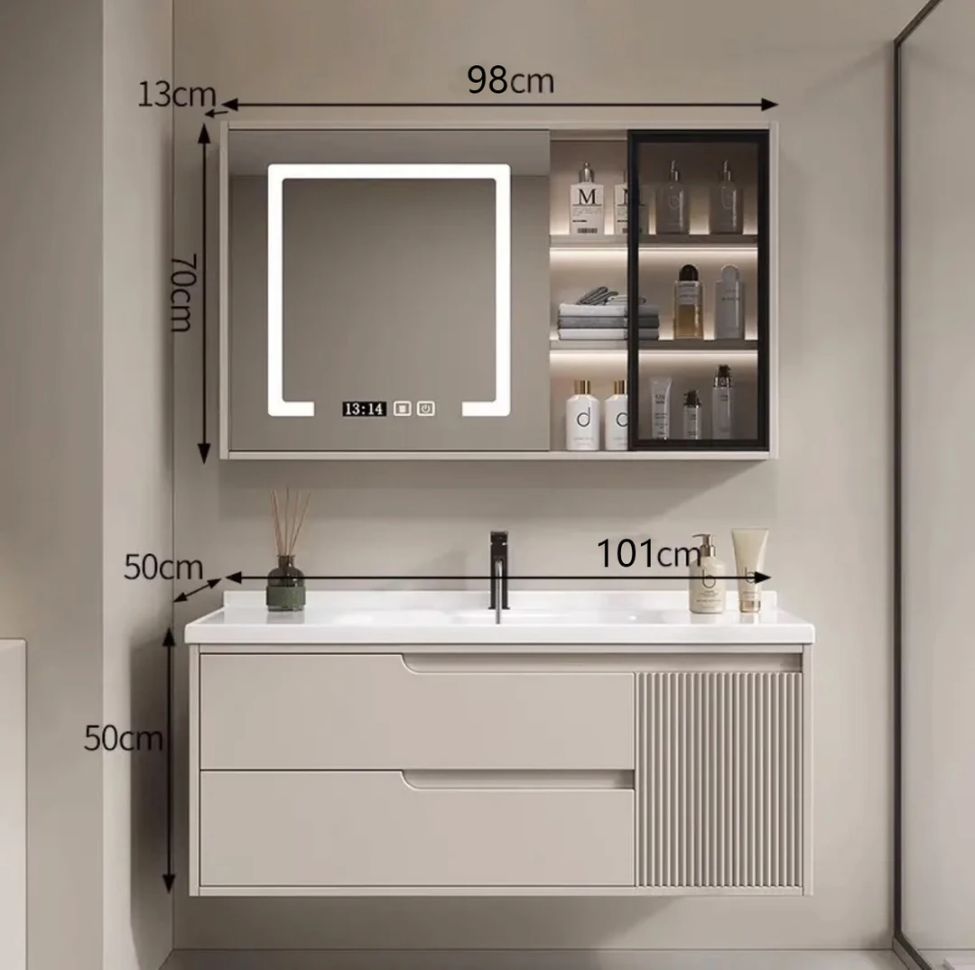8013新款全橡胶木全烤漆浴室柜组合陶瓷一体盆智能镜柜