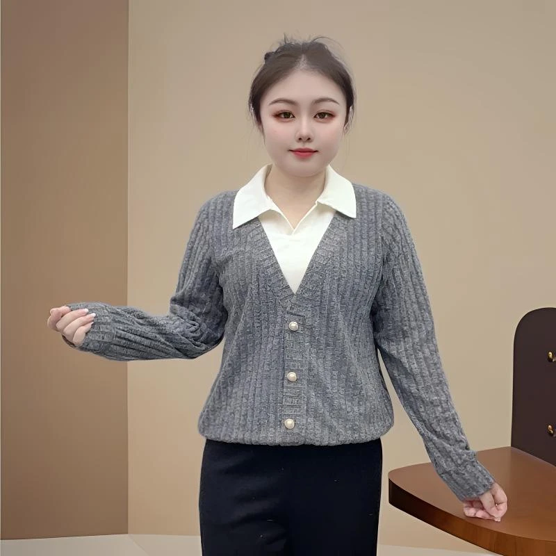 法式磨毛宽松POLO领小衫时尚百搭气质大码240斤打底假两件秋冬