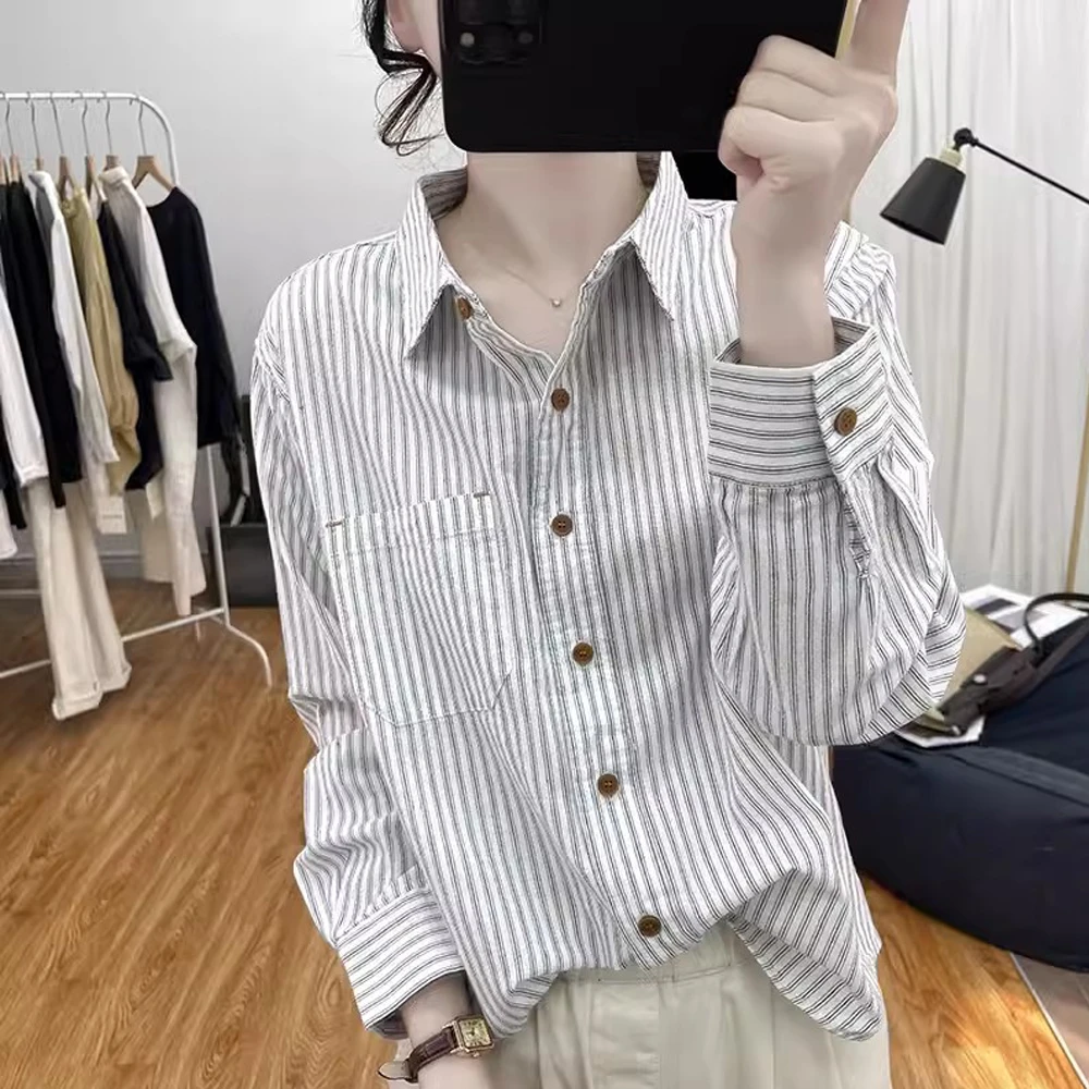 复古条纹POLO领衬衫女早秋新款韩版设计感宽松长袖短款纯棉衬衣潮