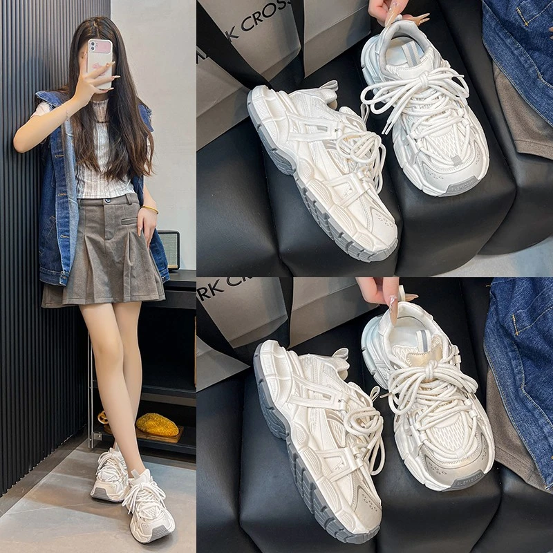 【温莱曼莎】25新款真皮老爹鞋夏季学生网面厚底透气女鞋时尚休闲鞋