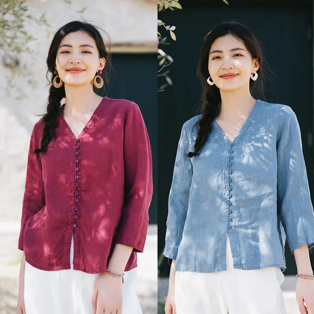 梭家｜未来的未来·叁｜轻中式两色亚麻夏季小衫长袖百搭衬衫上衣