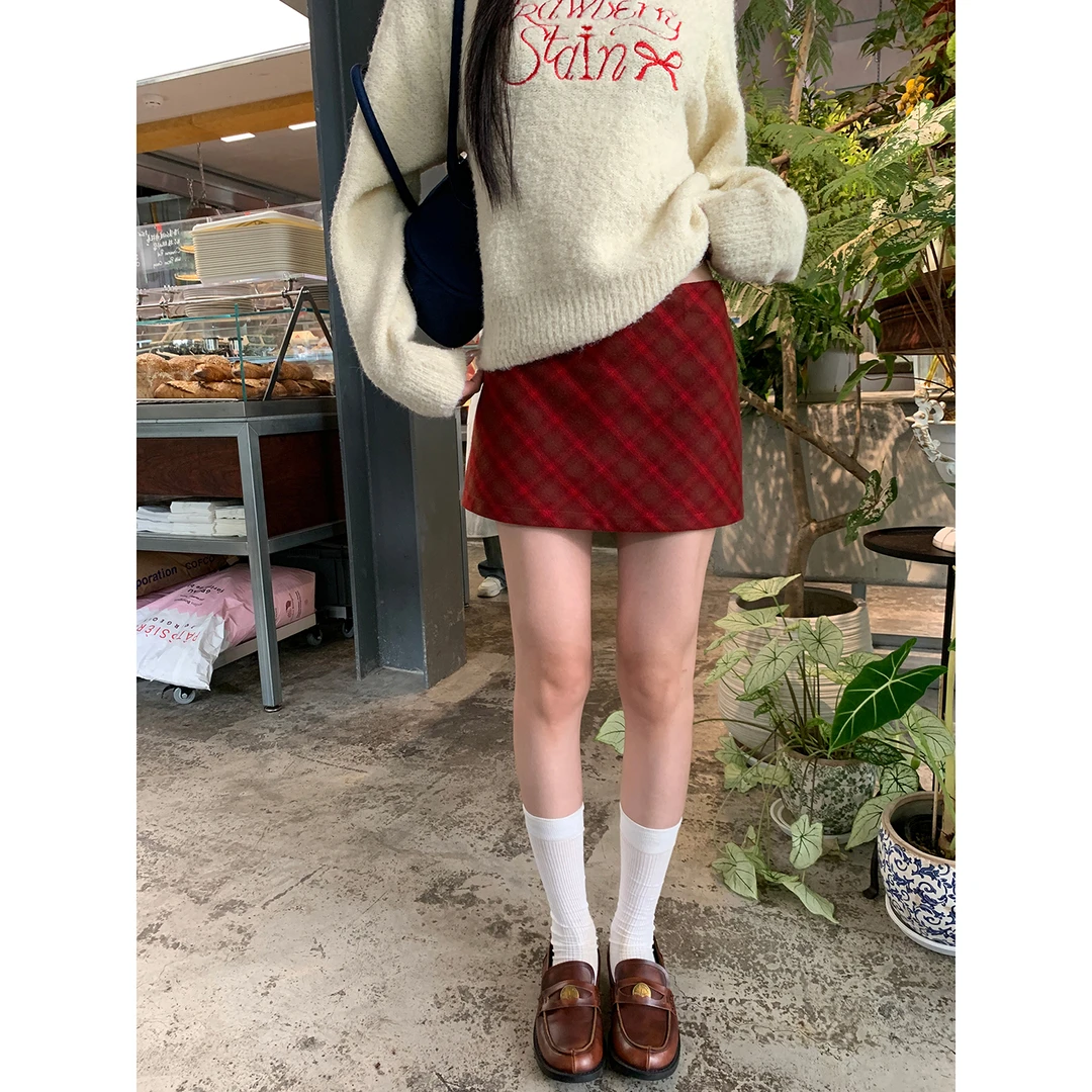 【车厘子】冬季复古格子撞色气质学院风休闲显瘦毛呢半身裙254V3432
