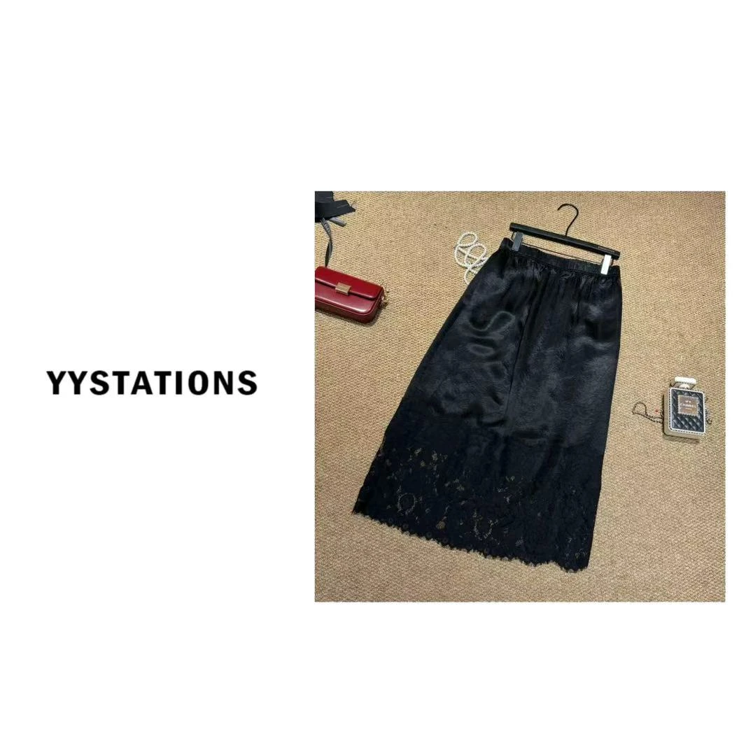 YYSTATIONS【相丝遥！】醋酸设计感拼接蕾丝绣花中长款半身裙-25030