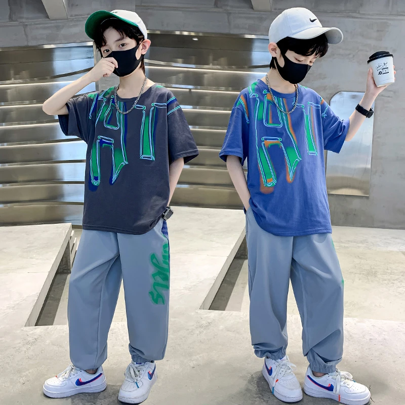 男童中大童夏季新款韩版儿童帅气短袖长裤洋气时尚短袖套装男孩潮