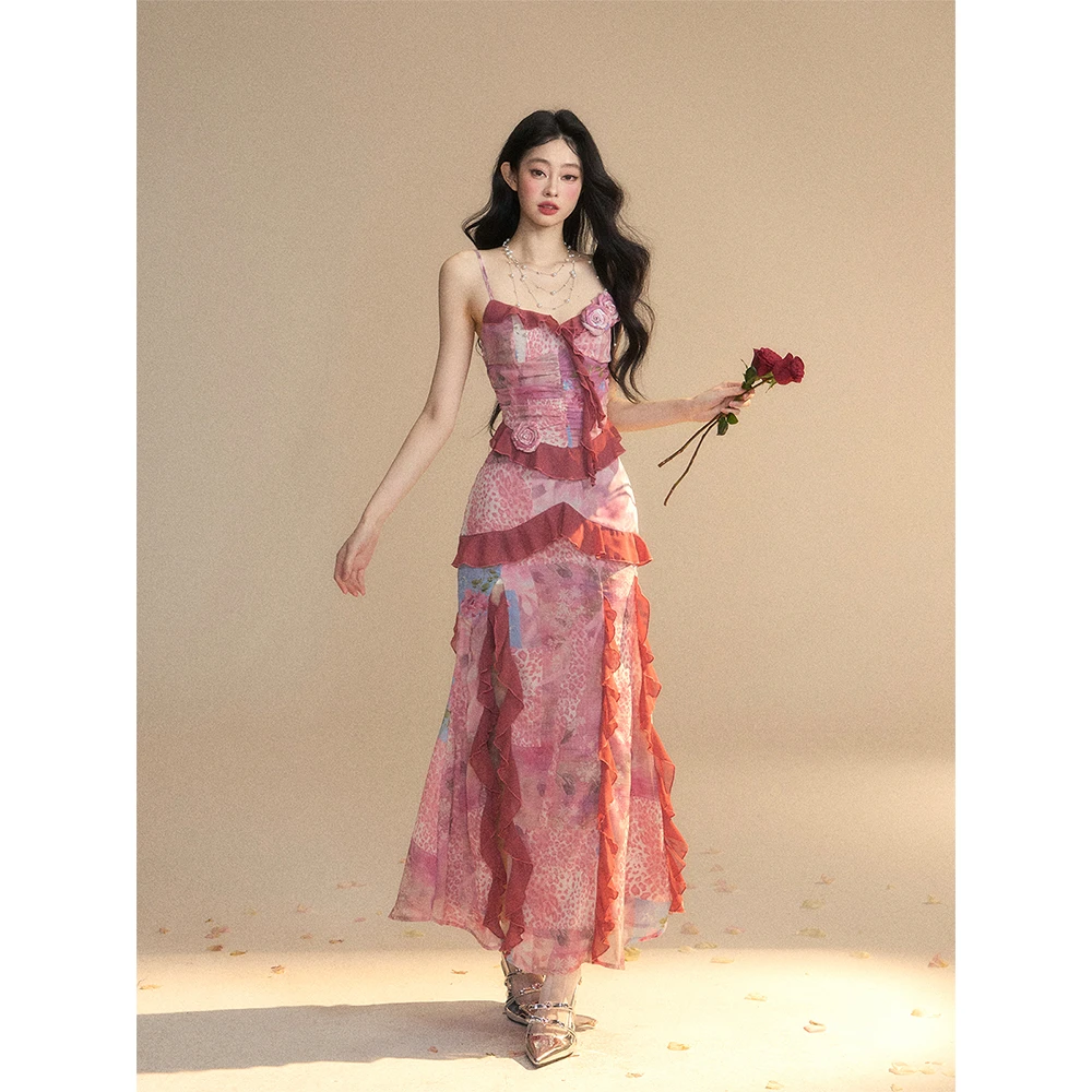 少也眼香氛名伶 一字肩法式御姐风雪纺吊带连衣裙女春夏包臀长裙