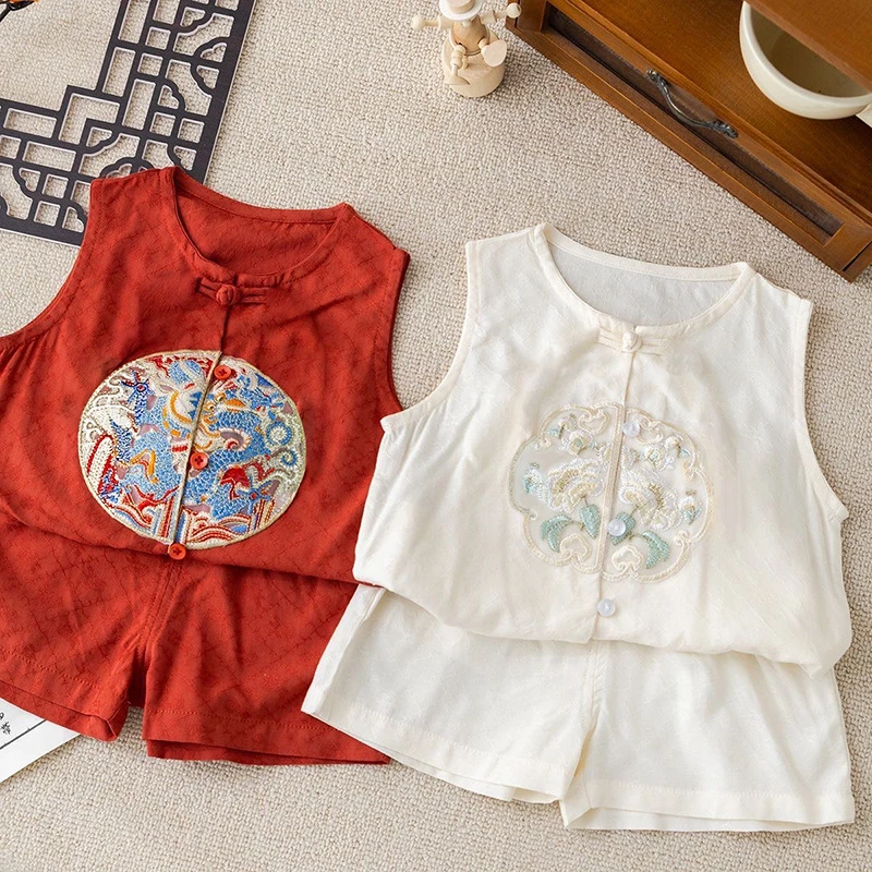 女童新款夏季洋气时髦男女宝宝甜美百搭中式国风婴儿短裤套装儿童
