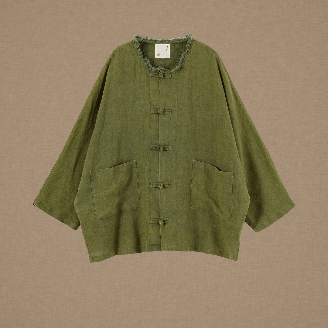 【以之】设计师品牌原创复古做旧领口毛边上衣百搭大版盘扣口袋外套