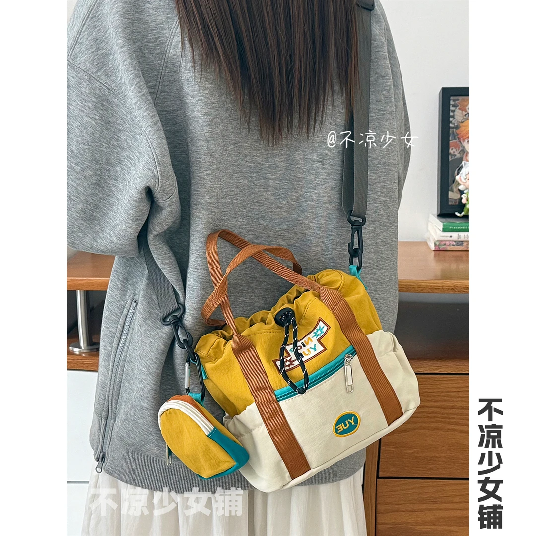复古撞色束口手提包学生休闲轻便手机小包包女小众设计迷你斜挎包