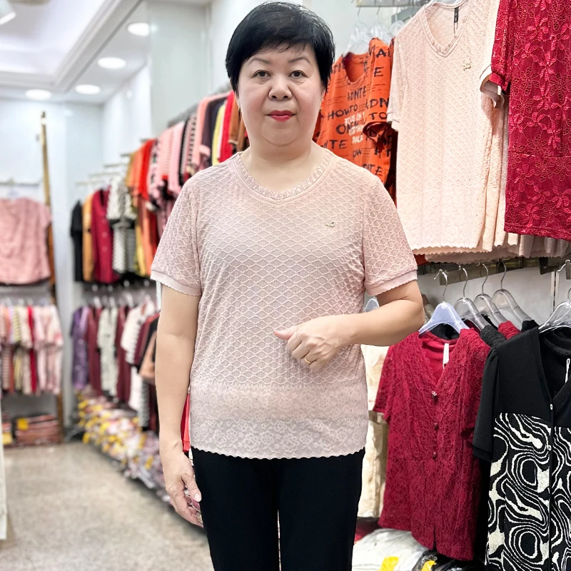 2025夏季新品透气粉色提花短袖T恤小衫中老年女装妈妈装弹力上衣