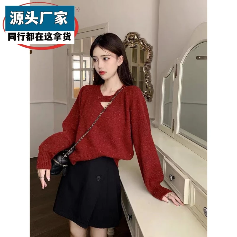 梵乐芬酒红宽松短款日系毛衣圣诞新年5170水晶绒甜美女装