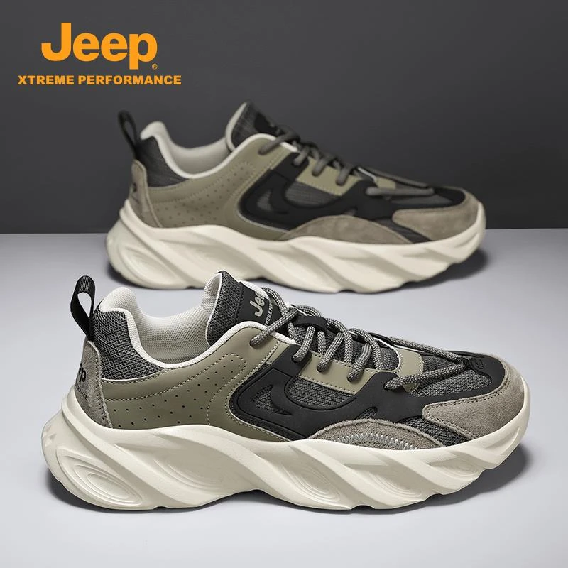 Jeep吉普男鞋2025新款春秋正品网面厚底增高老爹鞋防滑减震运动鞋